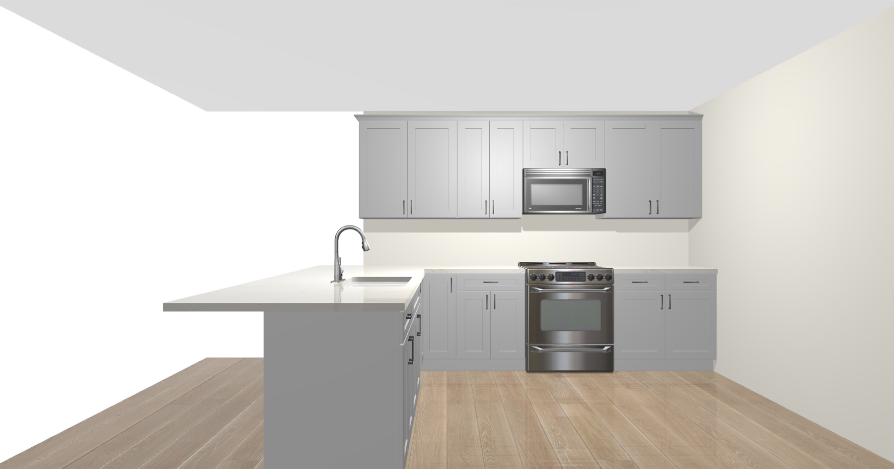 3D mockup of a kitchen remodel showing gray shaker cabinets and quartz counters